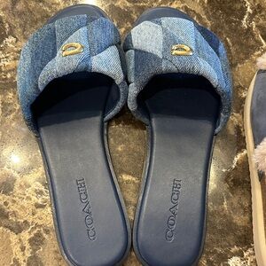 Coach Blue Patchwork Denim Slide Sandals with Gold Accent